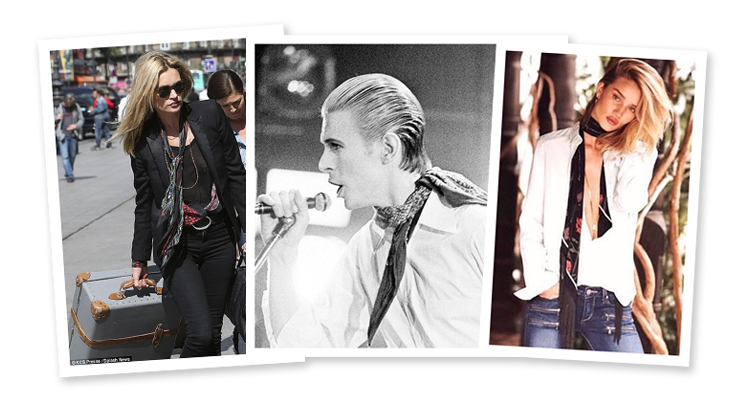 Skinny scarf outfit inspiration ft. Kate Moss, David Bowie, and Rosie HW