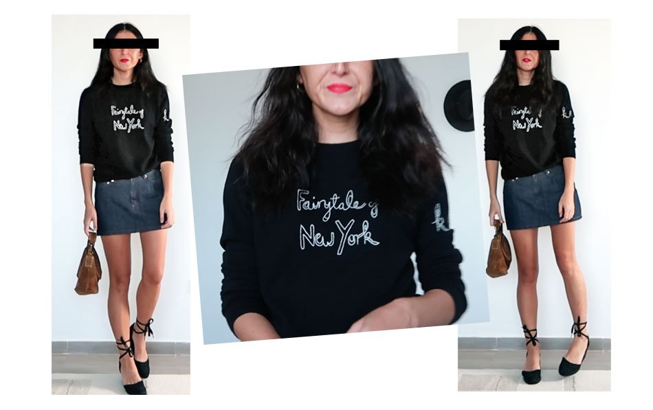 bella-freud-fairytale-of-new-york-jumper-apc-denim-skirt-castaner-espadrilles-outfit