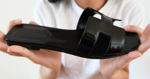 Black patent Hermes Oran sandals