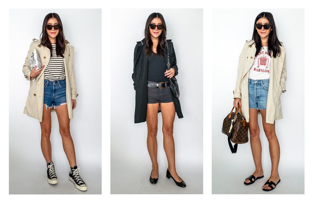 Trench coat with denim shorts outfits