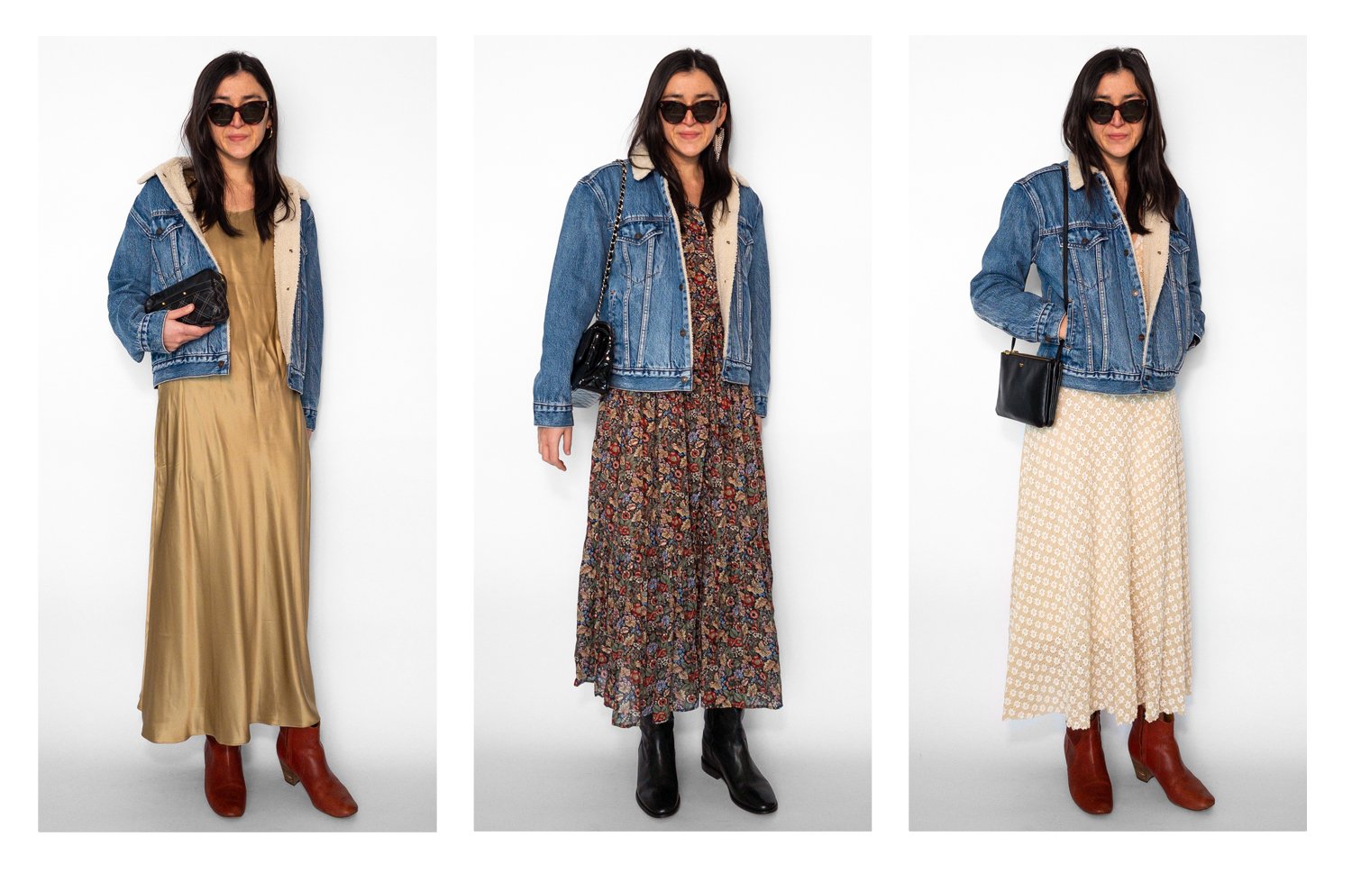 Denim shearling jacket with long dresses outfits