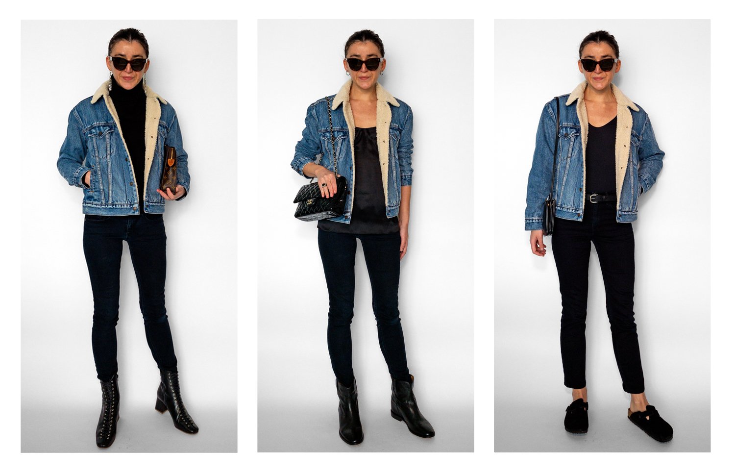 Denim shearling jacket with black jeans