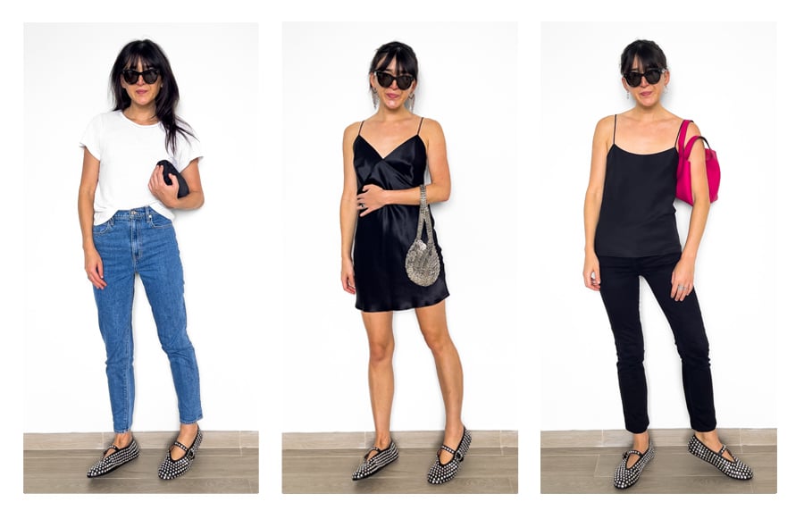 Outfits for Alaïa crystal Mary Jane Ballerinas, featuring denim and white t-shirt, black slip dress, and an all-black outfit with a hot pink bag