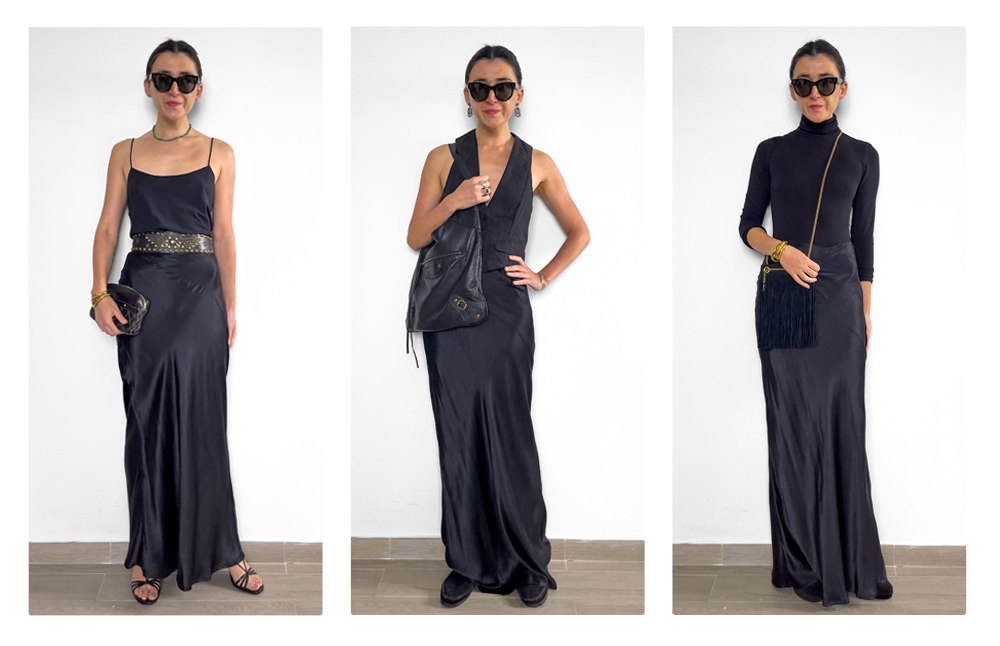 Black silk maxi skirt outfits