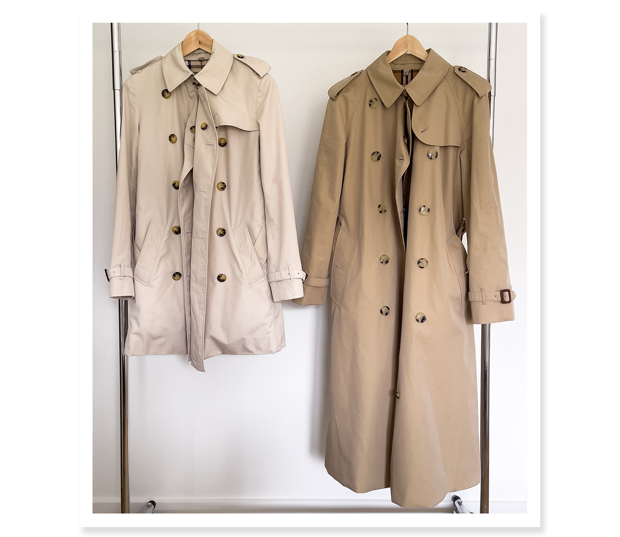 Photo showing difference in lengths of Burberry Kensington trench coat and Waterloo