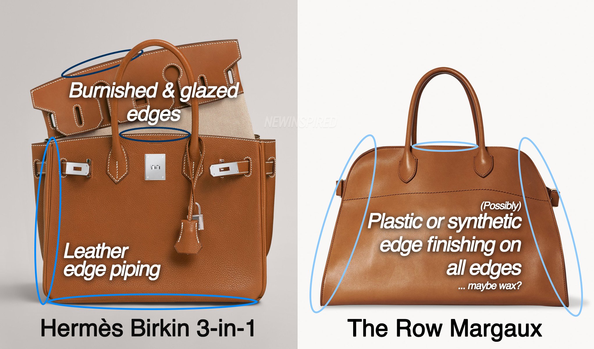 Showing the differences in the Hermès Birkin and The Row Margaux bag