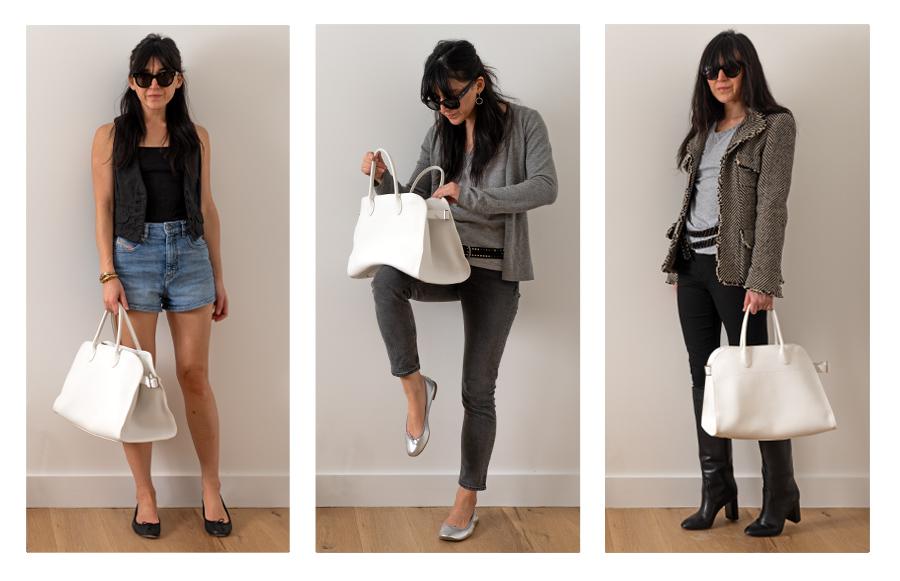 Outfits with the Row's Margaux bag - left to right: Kate Moss x Topshop vest with a J. Crew tank top, Diesel denim shorts, and Repetto Cendrillon flats; Holt Renfrew cardigan with a Neiman Marcus cashmere tank top, Isabel Marant belt, AGOLDE jeans, and Repetto Cendrillon flats; Chanel 06A jacket, G. Label tank top, Kate Moss x Topshop belt, Rag & Bone skinny jeans, and Loeffler Randall Goldy boots.