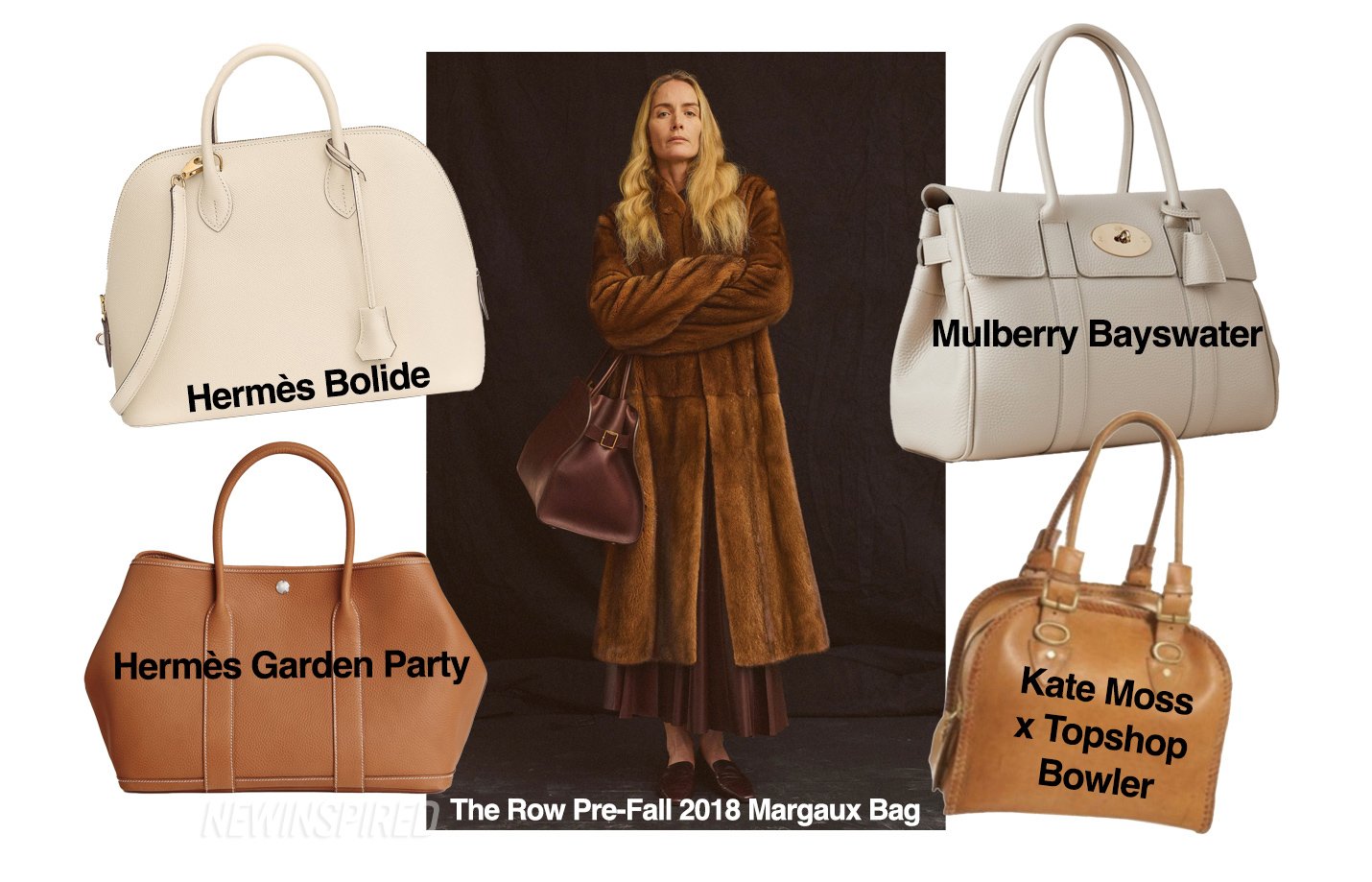 Showing how the Row's Margaux bag is more like the Hermès Bolide or Garden Party, or a Mulberry Bayswater or a Kate Moss x Topshop bag