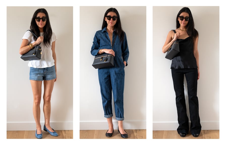 Outfits with a Loro Piana Extra bag - Left to Right: James Peres t-shirt with Diesel denim shorts and <a href="https://www.newinspired.com/chanel-ballet-flats-review/">Chanel ballet flats</a>; APC jumpsuit with <a href="https://www.newinspired.com/repetto-cendrillon-ballerinas-review/">Repetto Cendrillon flats</a>; Nili Lotan cami with J Brand Lovestory jeans and Christian Louboutin boots
