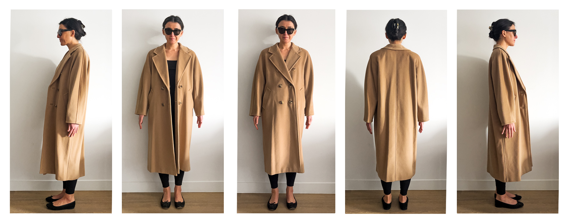 Showing how a Max Mara Madame coat looks on a 5'5.75" woman's frame