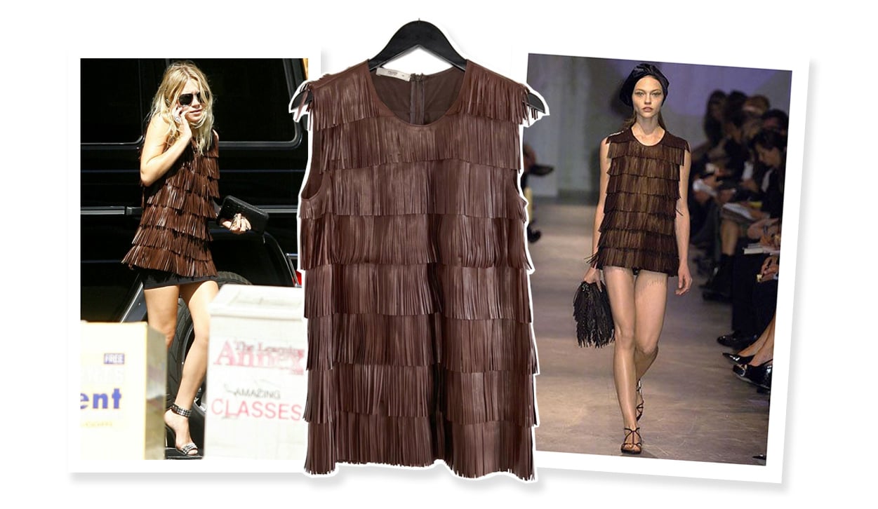 Collage showing Ashley Olsen wearing a 2007 Prada fringe tunic, a Prada fringe tunic, and the garment on the spring summer 2007 Prada show