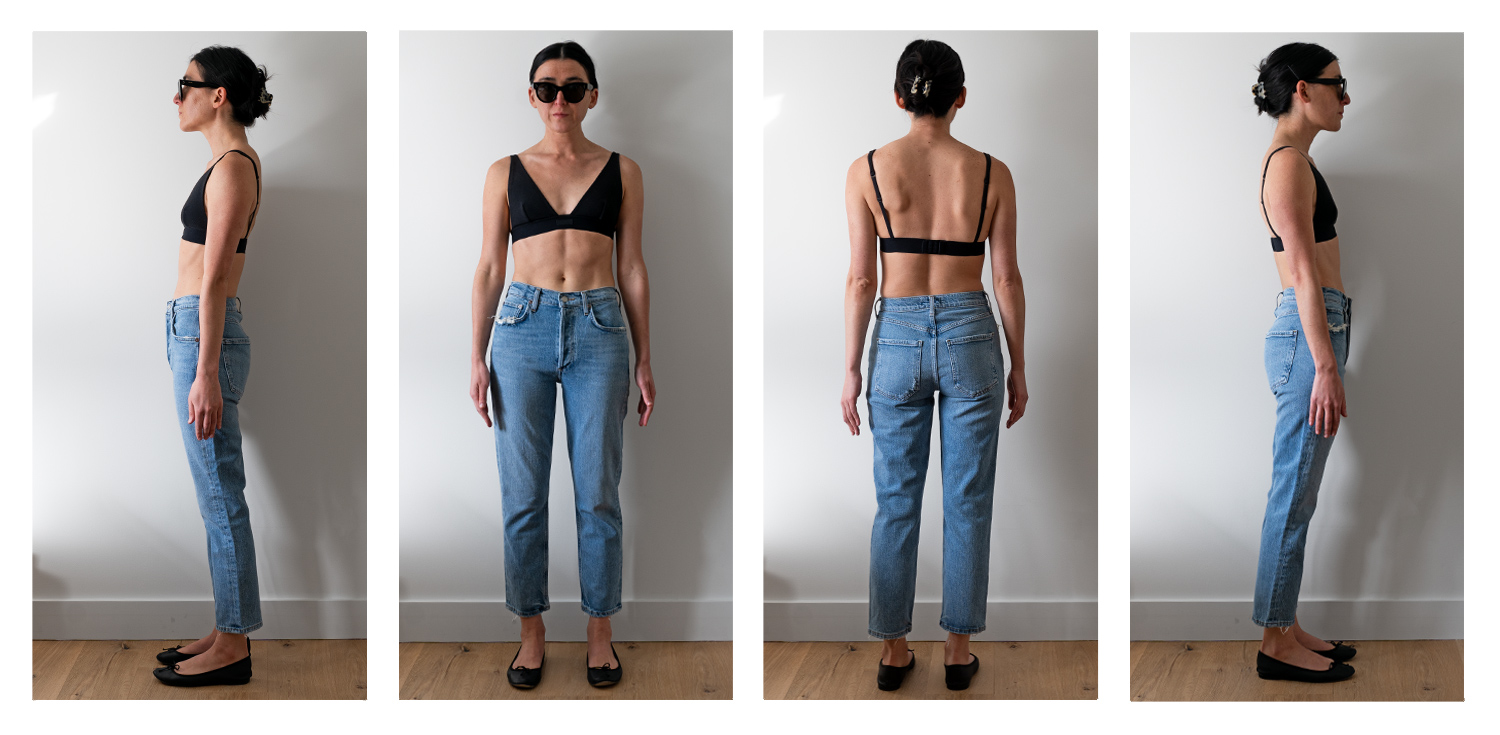 Showing how AGOLDE Riley Crop jeans look on a 5'5.75" person