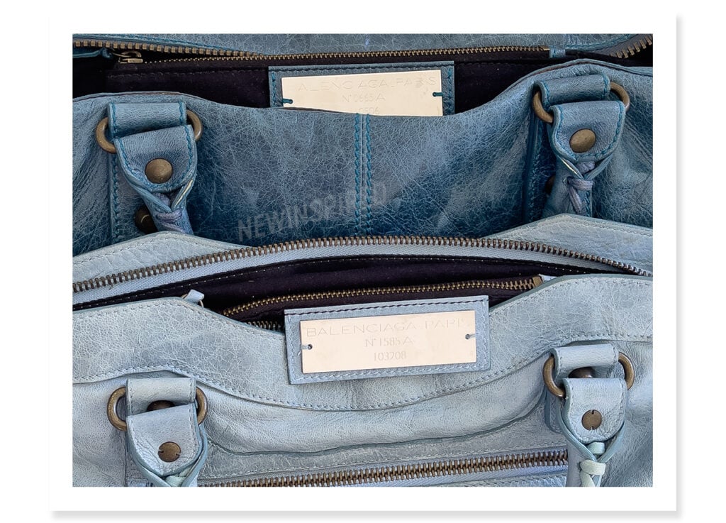 Showing how S/S 2005 Balenciaga bags have both notched and unnotched rivets