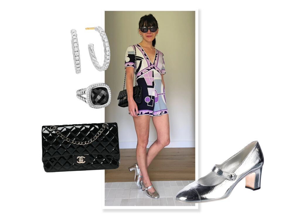 With silver hoops, a David Yurman Albion ring, black patent Chanel bag, and silver mary-jane shoes