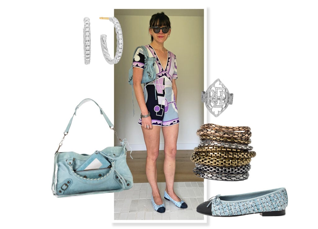 Silver hoops, a blue Balenciaga First, bracelets, ring, and tweed blue ballet flats